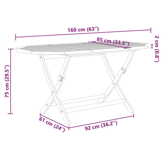 Dimensions of a foldable outdoor dining table in solid acacia wood, measuring 160 cm x 75 cm x 2 cm.