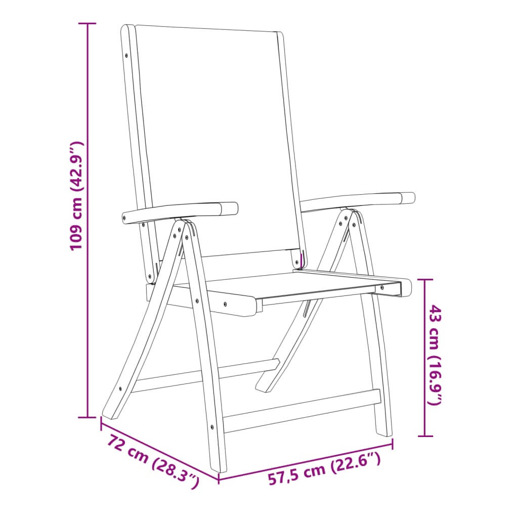 Illustration of a foldable outdoor garden chair with adjustable backrest and dimensions in cm for patio use.