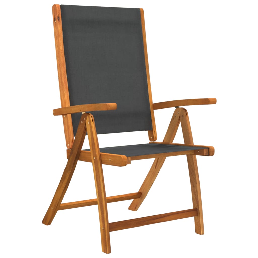 Adjustable foldable acacia wood garden chair with textilene fabric for outdoor dining and relaxation.