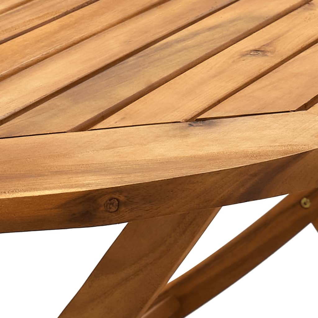 Close-up of solid acacia wood tabletop for outdoor dining set, showcasing natural finish and durability.