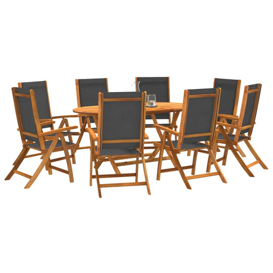 9 piece outdoor dining set with solid acacia wood table and adjustable textilene chairs, perfect for family gatherings.