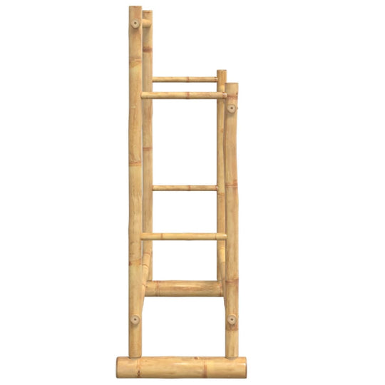 Bamboo clothes rack shown from the side, highlighting its sturdy design and ample storage for garments. Ideal for organizing outfits.