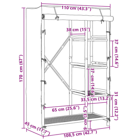 Dimensions of bamboo wardrobe 110x45x170 cm with shelves, suitable for home decor and functional furniture.