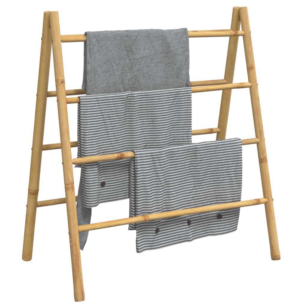 Double bamboo towel ladder with 4 rungs, showcasing stylish storage for towels in gray and striped patterns.