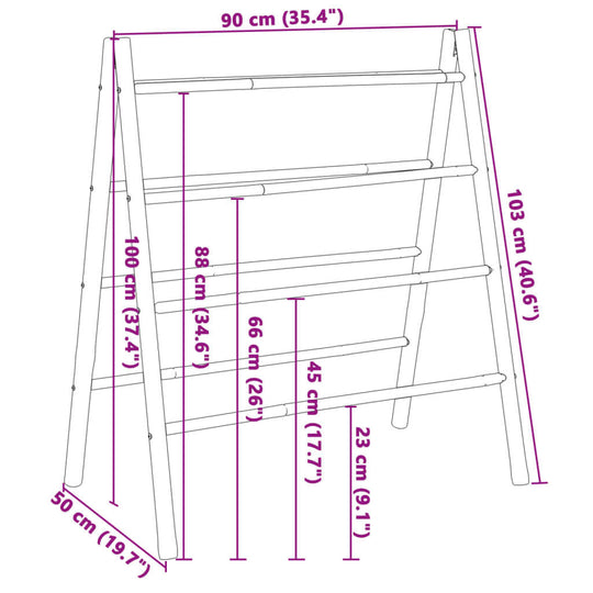 Dimensions of a double bamboo towel ladder with 4 rungs: 90x50x100 cm, stylish bathroom storage solution.