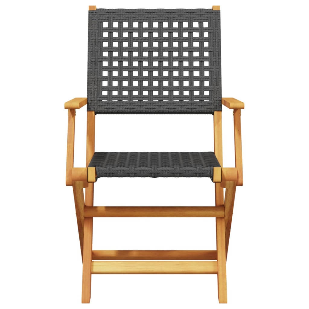 Black poly rattan chair with solid wood frame, ideal for outdoor lounge and dining, stylish and durable garden furniture.