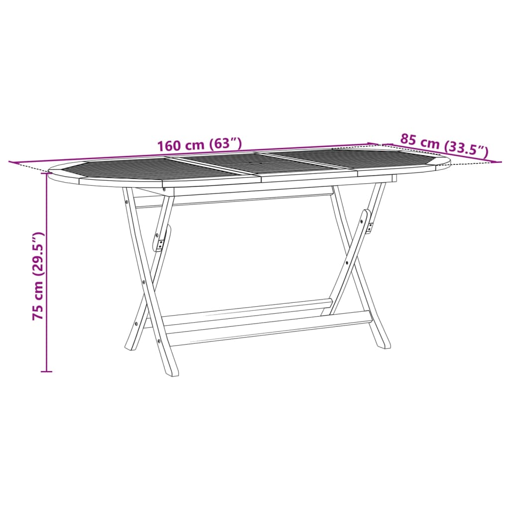 Dimensions of a 160 cm x 85 cm garden dining table, featuring a robust design and sturdy folding mechanism.