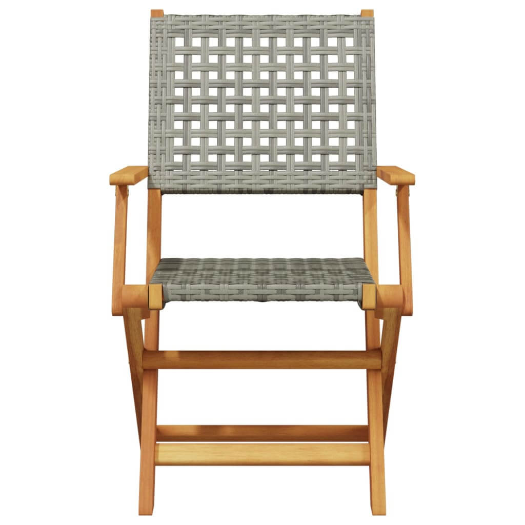 Grey poly rattan outdoor chair with solid acacia wood frame, perfect for garden and patio dining.