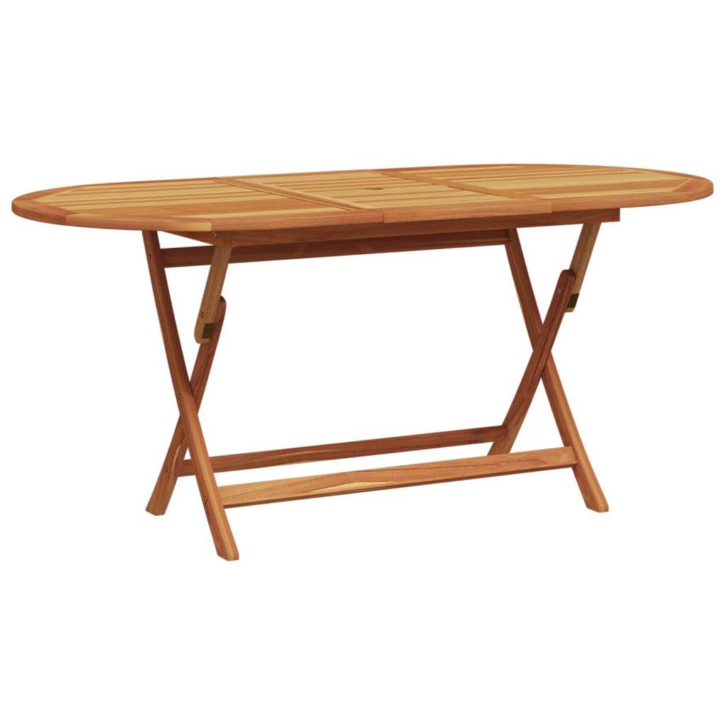 Oval folding garden dining table made of solid acacia wood, perfect for outdoor furniture and al fresco dining.