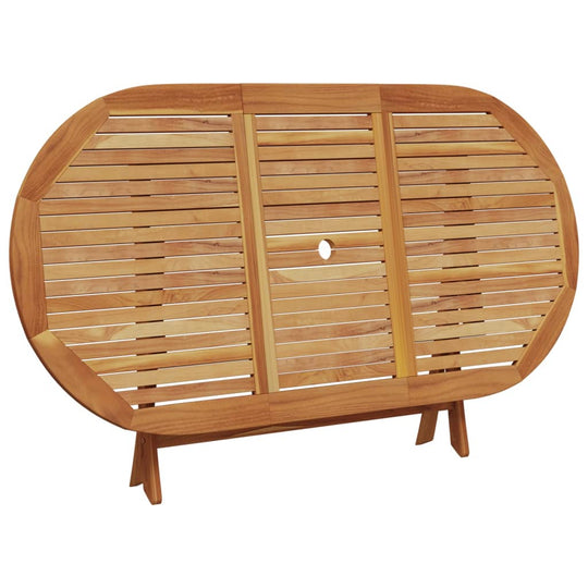 Oval slatted wooden table with a central hole, ideal for outdoor furniture and garden dining. Sustainable acacia design.