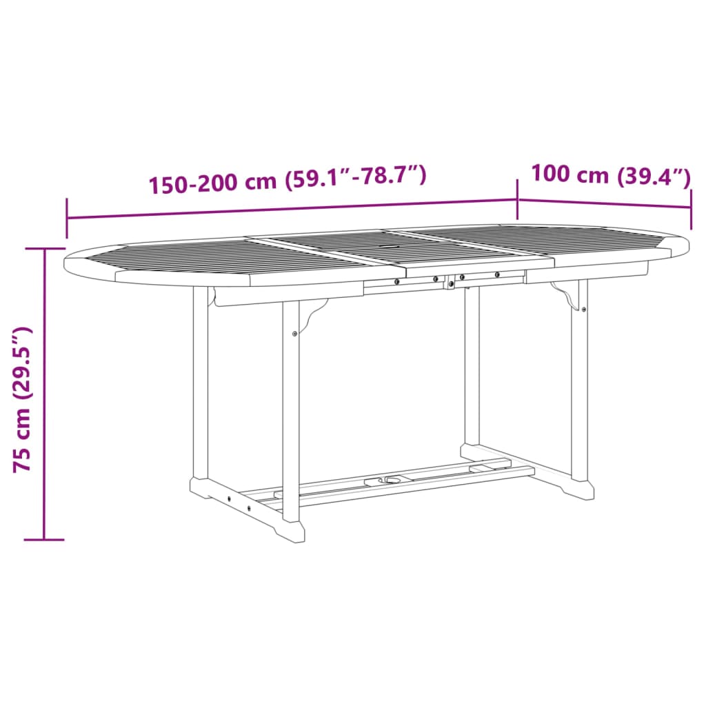 Dimensions of a 7 Piece Garden Dining Set table, measuring 150-200 cm in length, 100 cm width, and 75 cm height, ideal for outdoor use.