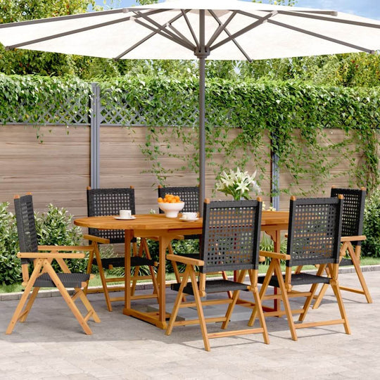 7 piece garden dining set in black poly rattan and solid wood under an umbrella, perfect for outdoor furniture and al fresco dining.