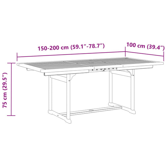 Dimensions of a rectangular garden dining table with adjustable length, measuring 150-200 cm in length and 100 cm in width.