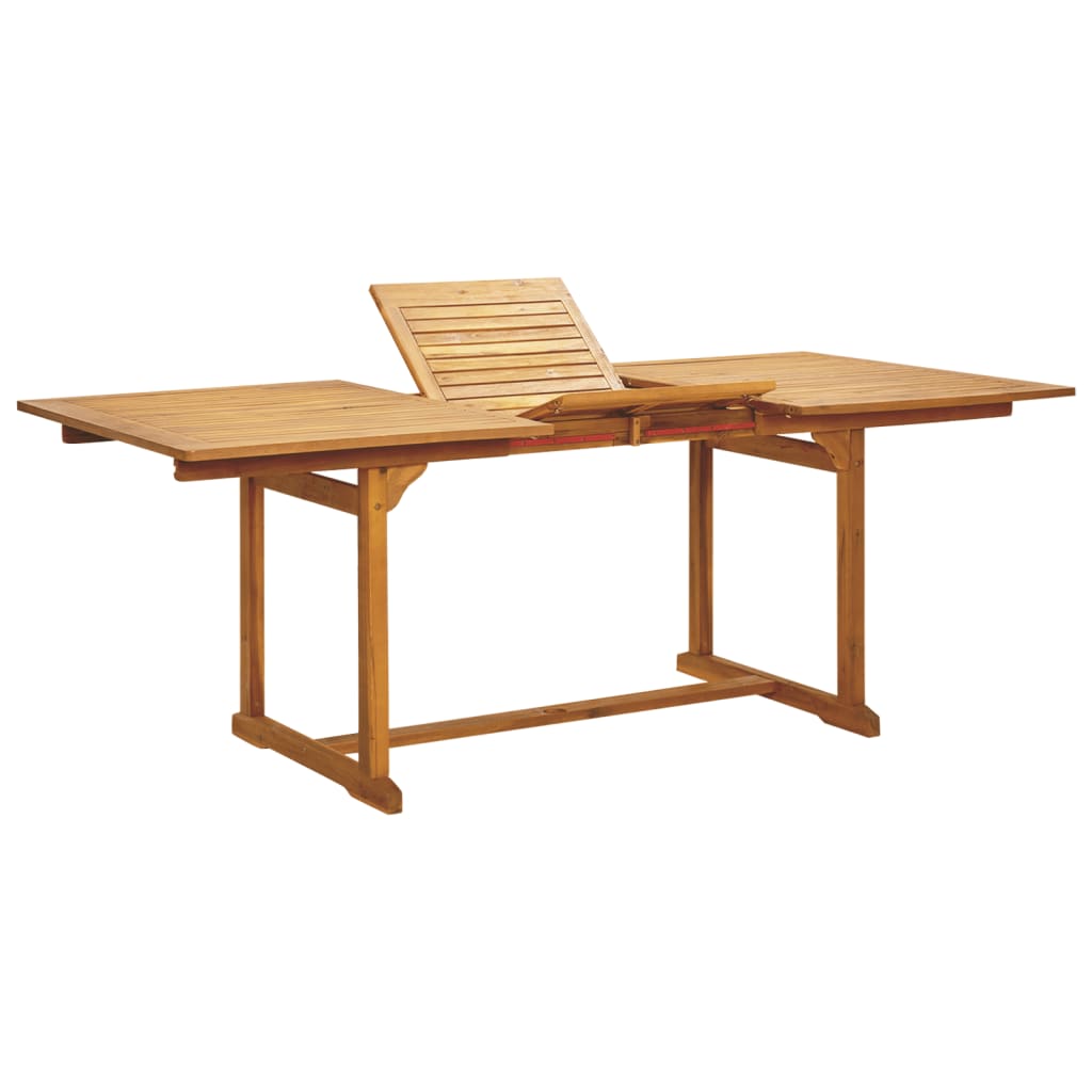 Solid wood garden dining table with extendable sides for outdoor dining and relaxation, perfect for backyards and patios.