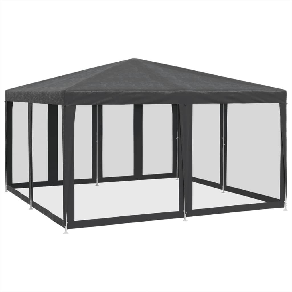 Anthracite party tent with 8 mesh sidewalls, water-resistant HDPE roof, and durable iron frame for outdoor events.