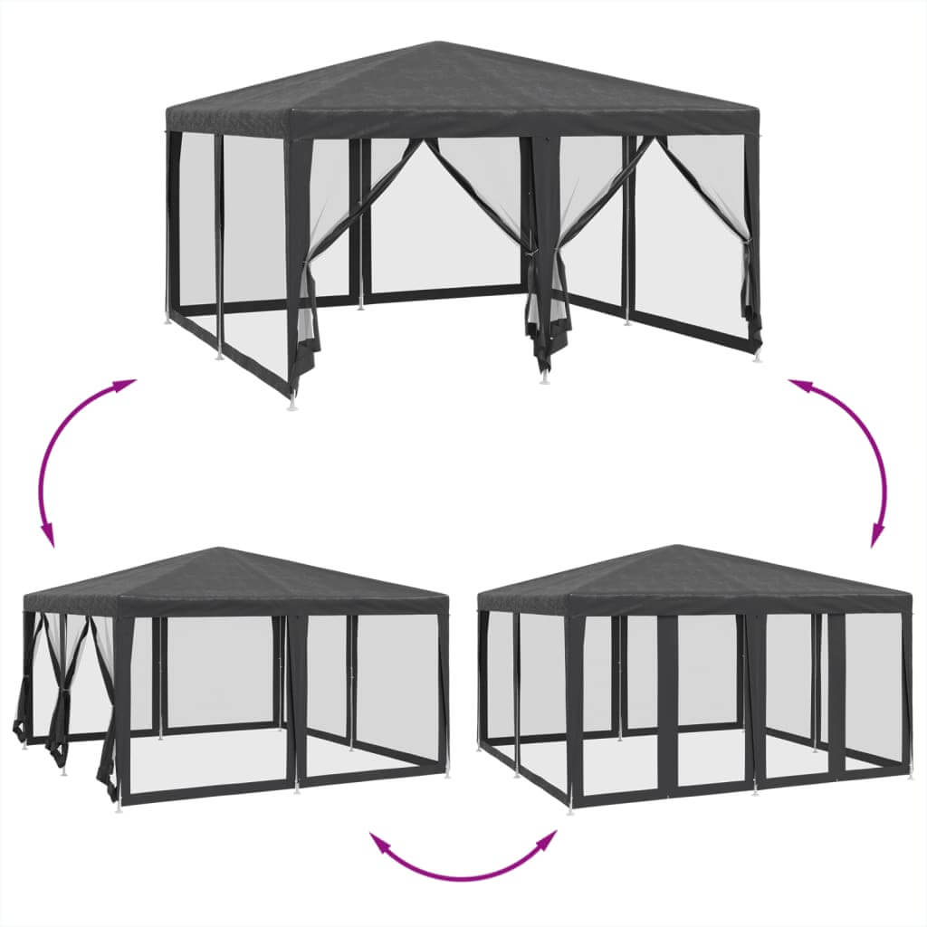 Party tent with 8 mesh sidewalls in anthracite, perfect for outdoor events and sun protection. Heavy-duty HDPE design.