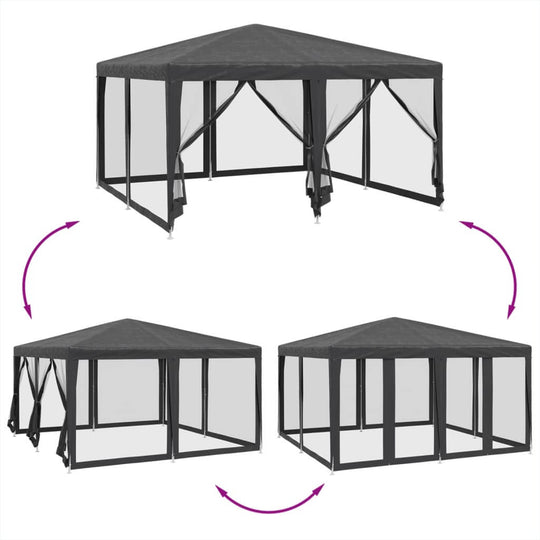Party tent with 8 mesh sidewalls in anthracite, perfect for outdoor events and sun protection. Heavy-duty HDPE design.