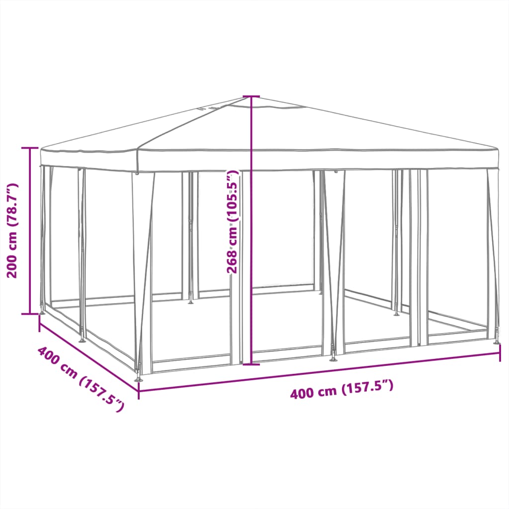 Diagram of a party tent with dimensions 400x400 cm and height 200 cm, featuring eight mesh sidewalls for outdoor use.