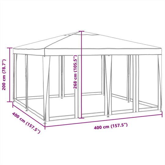 Dimensions of a 4x4 m party tent with mesh sidewalls, showcasing height and width measurements in cm.