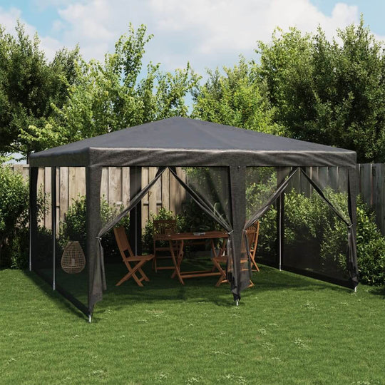 Outdoor party tent with mesh sidewalls, suitable for garden furniture and patio lounging in a green backyard setting.