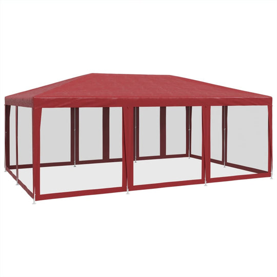 Red party tent with ten mesh sidewalls, 6x4 m HDPE outdoor shelter for sun protection and ventilation.