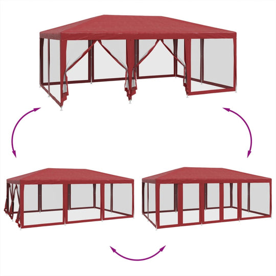 Red party tent with ten mesh sidewalls, showcasing different configurations for outdoor events and gatherings.