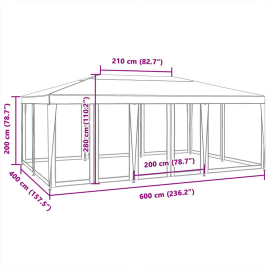 Dimensions of a party tent with 10 mesh sidewalls, showing size measurements in centimeters and inches.