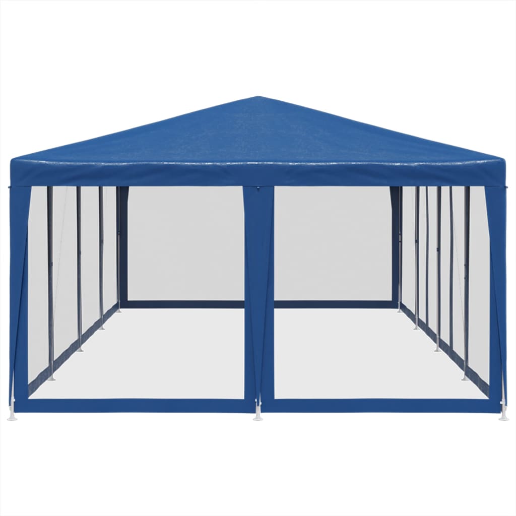 Blue party tent with 12 mesh sidewalls, featuring heavy-duty HDPE roof and iron frame for outdoor events and gatherings.