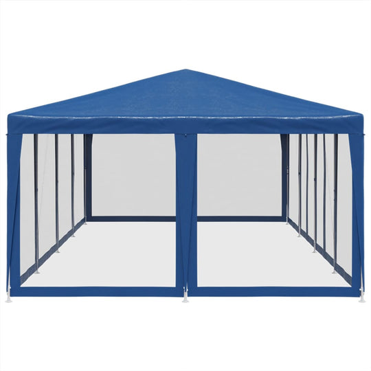 Blue party tent with 12 mesh sidewalls, featuring heavy-duty HDPE roof and iron frame for outdoor events and gatherings.