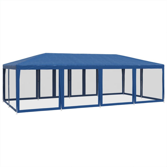 Blue 8x4 m party tent with 12 mesh sidewalls, heavy-duty iron frame, and water-resistant HDPE roof for outdoor events.