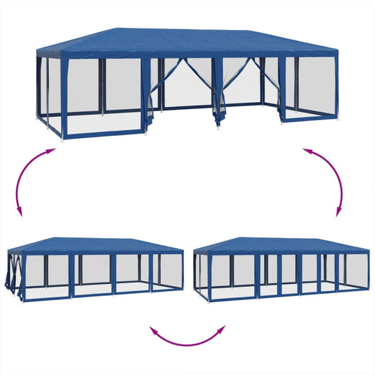 Blue party tent with 12 mesh sidewalls, 8x4 m, ideal for outdoor shelter and comfort during gatherings.