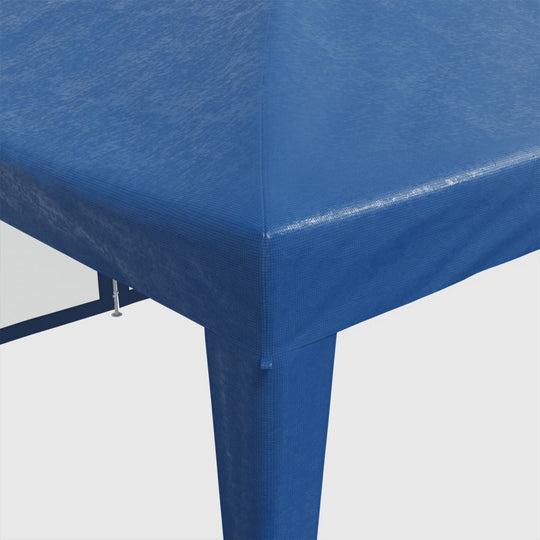 close-up view of blue HDPE canopy fabric on party tent, showcasing its water-resistant material and sturdy construction.