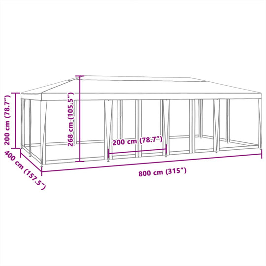 Dimensions of a blue 8x4 m party tent with twelve mesh sidewalls and iron frame, showcasing water-resistant features.