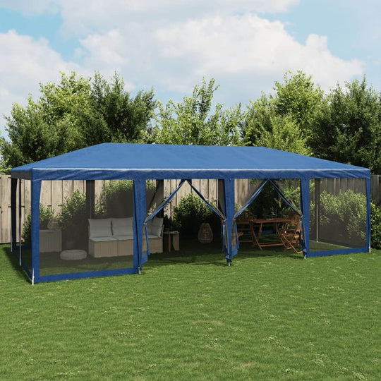 Blue 8x4 m party tent with mesh sidewalls in a garden setting, perfect for outdoor lounge and furniture arrangements.