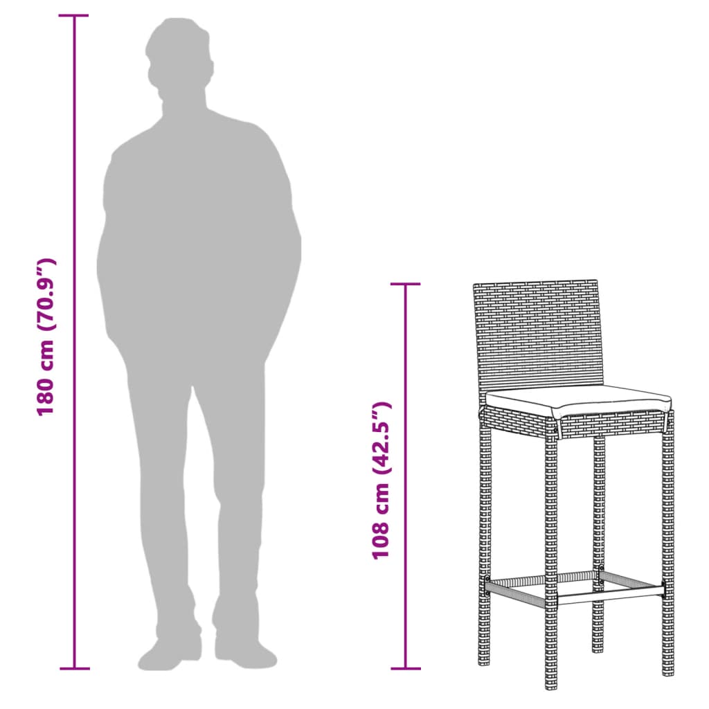 Dimensions of a bar stool, showcasing height of 108 cm and man silhouette for scale, perfect for outdoor lounges.