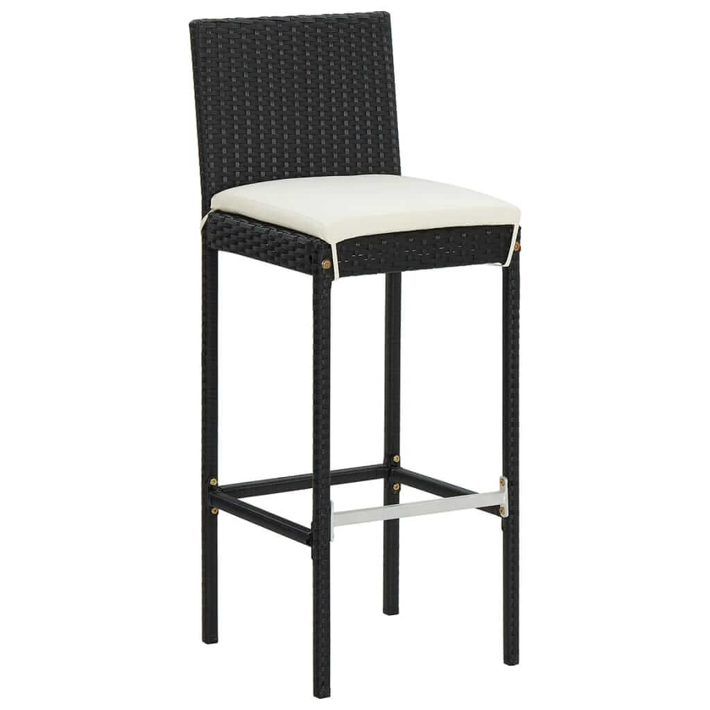 Black poly rattan bar stool with cream cushion, perfect for outdoor furniture and garden lounge settings.