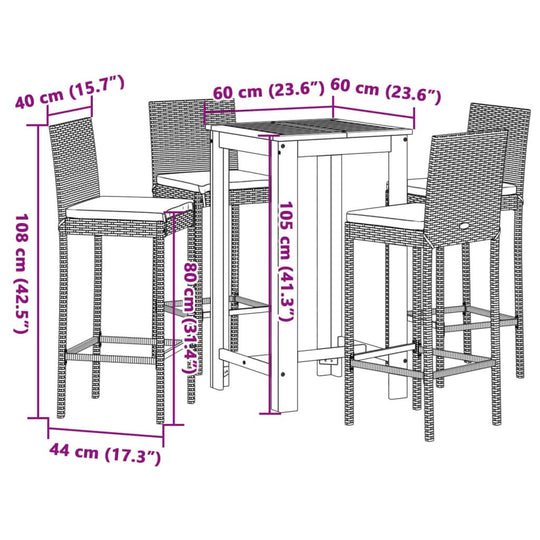 Dimensions of a 5-piece garden bar set with bar table and chairs, showcasing height and width in cm. Stylish outdoor furniture design.