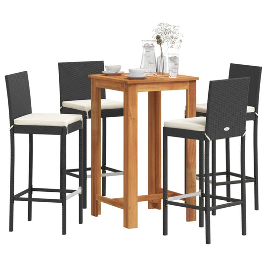 5 piece garden bar set featuring a solid wood acacia table and black poly rattan chairs, perfect for outdoor dining and relaxation.