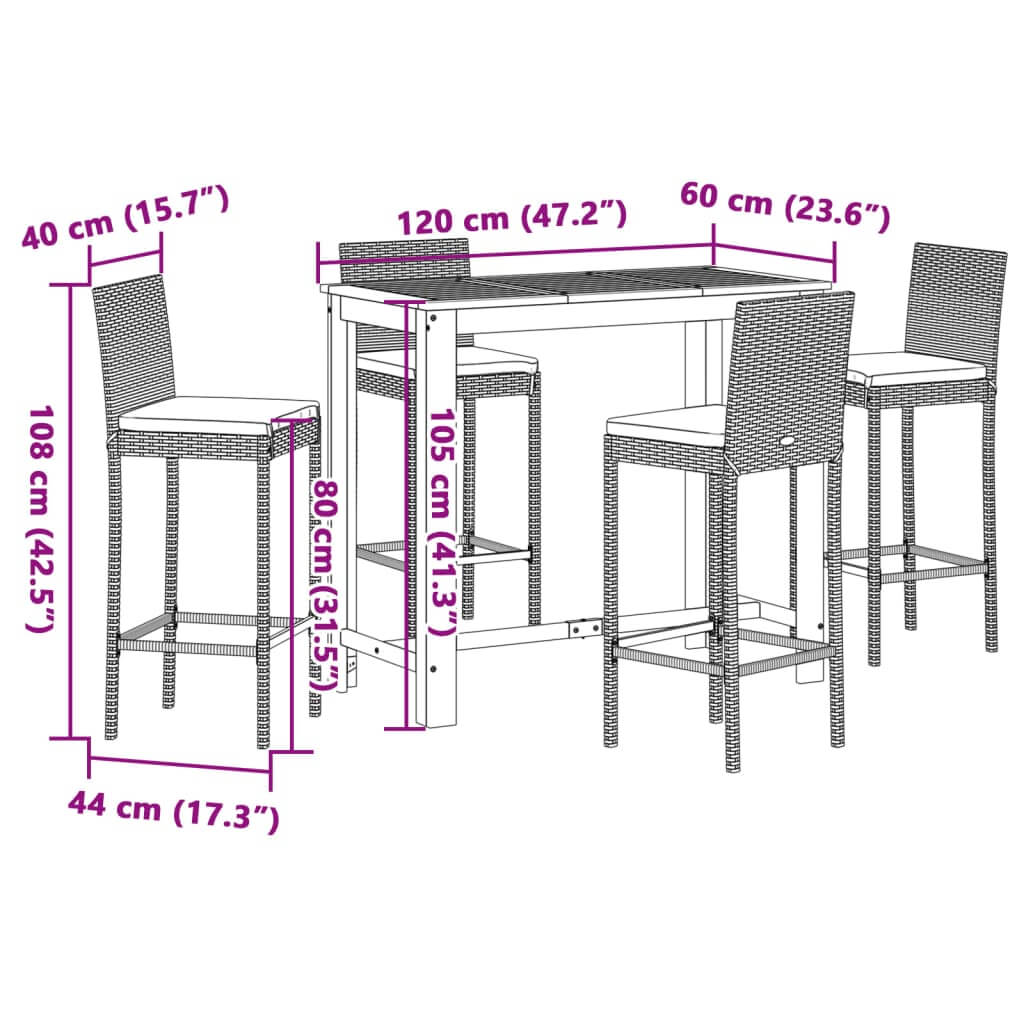 Dimensions diagram of 5 Piece Garden Bar Set showcasing height and width specifications of grey solid wood acacia and poly rattan furniture.