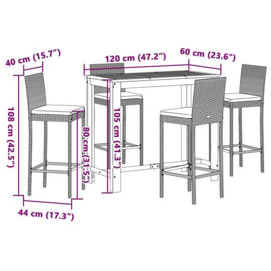 Dimensions diagram of 5 Piece Garden Bar Set showcasing height and width specifications of grey solid wood acacia and poly rattan furniture.