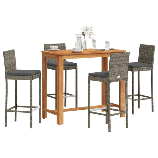 5 piece grey acacia garden bar set with poly rattan chairs, perfect for outdoor dining and relaxation.