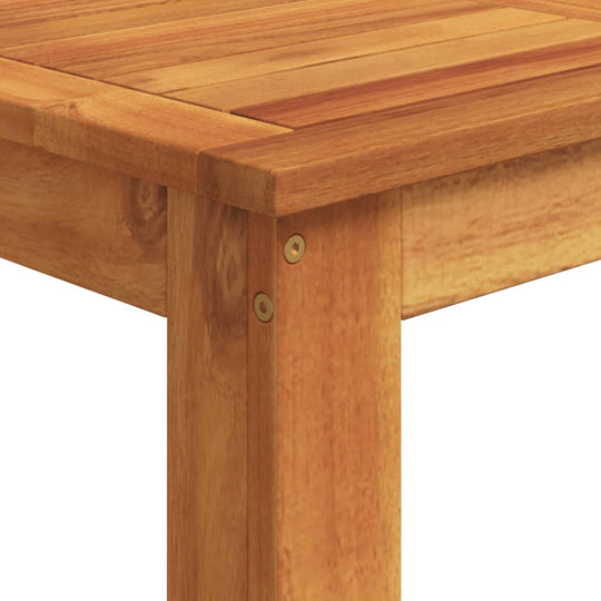 Close-up of 7 Piece Garden Bar Set Solid Wood Acacia table corner, showcasing wood texture and craftsmanship, part of stylish outdoor furniture.