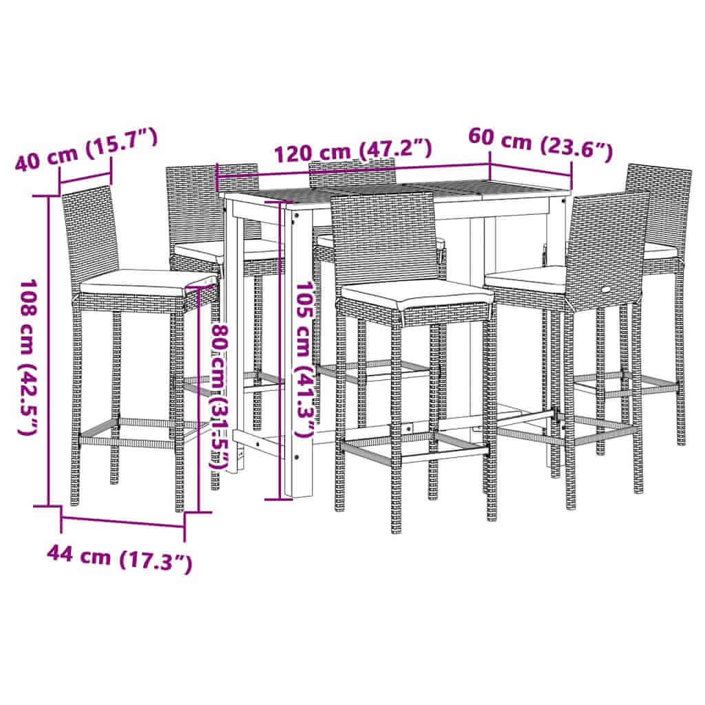 Dimensions of 7 Piece Garden Bar Set Solid Wood Acacia and Poly Rattan with stools and table measurements.