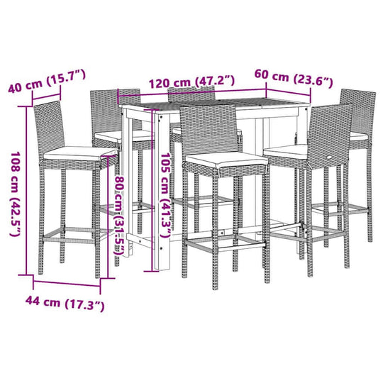 Dimensions of 7 Piece Garden Bar Set Solid Wood Acacia and Poly Rattan with stools and table measurements.