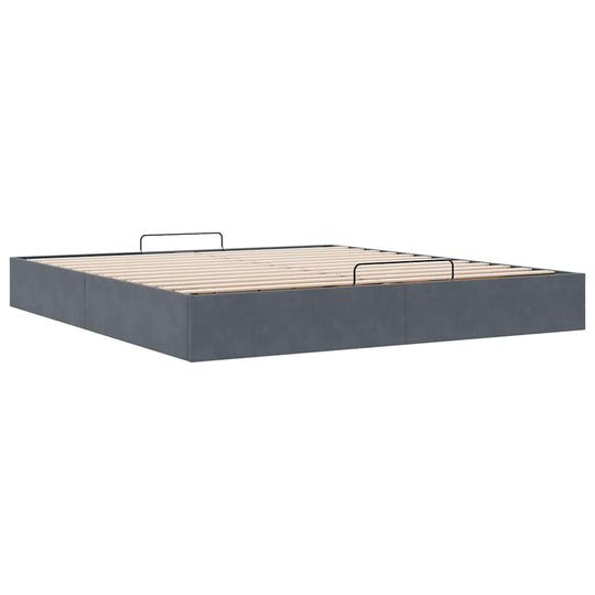 Dark grey ottoman bed frame with wooden slats for super king mattress, offering stylish storage solution and comfort.