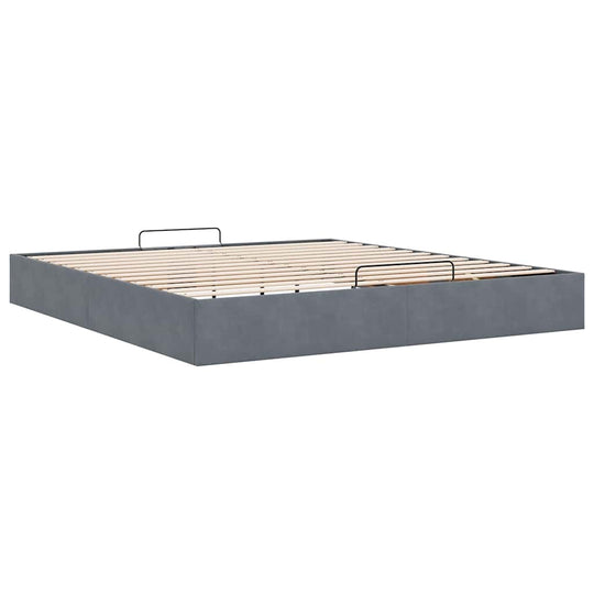 Dark grey ottoman bed frame with slatted base, designed for spacious under-bed storage and comfortable sleep experience.