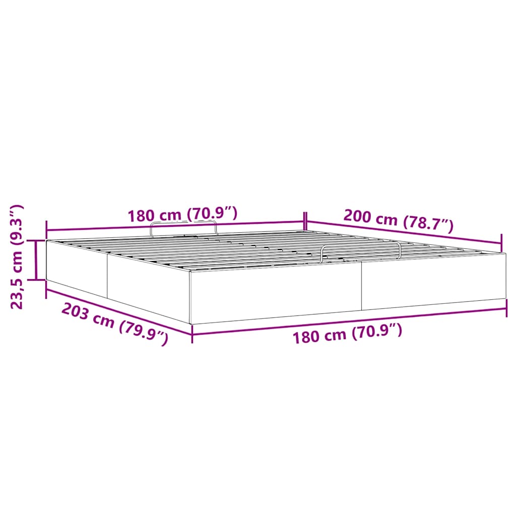 Ottoman bed frame dimensions 180x200 cm with under-bed storage and sleek design in dark grey velvet fabric.