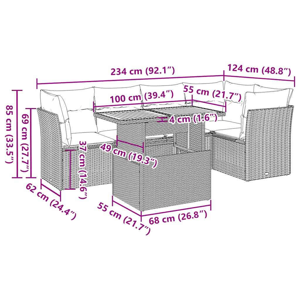 6 Piece Garden Sofa Set with Cushions Poly Rattan dimensions layout with measurements shown