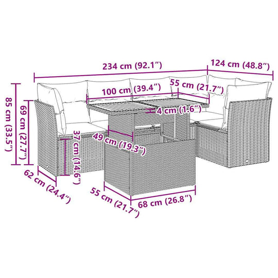 6 Piece Garden Sofa Set with Cushions Poly Rattan dimensions layout with measurements shown