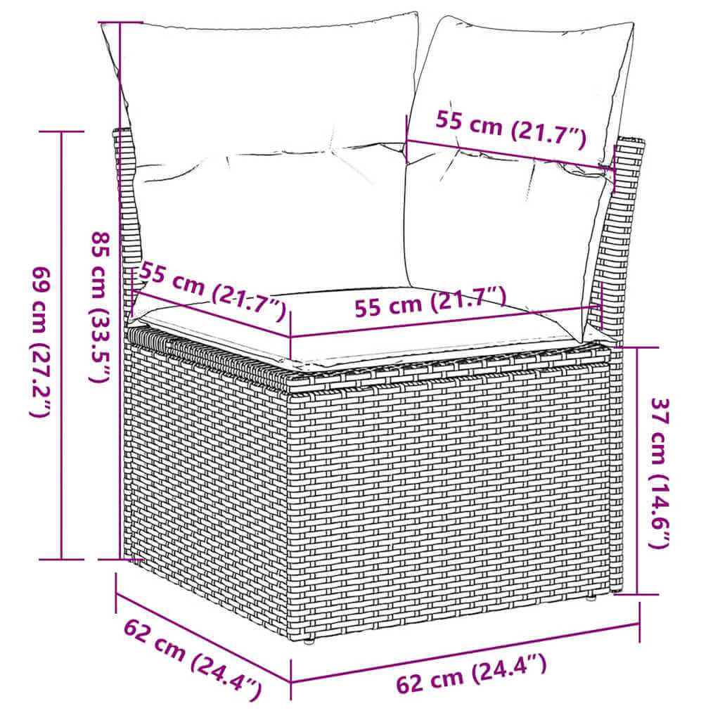 6 Piece Garden Sofa Set with Cushions Poly Rattan dimensions illustration with measurements in centimeters.